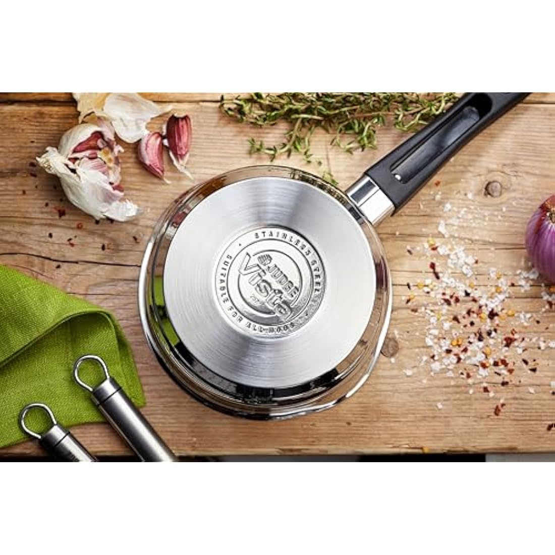 Judge Vista Draining Stainless Steel Medium Saucepan with Pouring Lip 14cm 1L, Shatterproof Glass Strain & Pour Lid, Induction Ready, Oven Safe