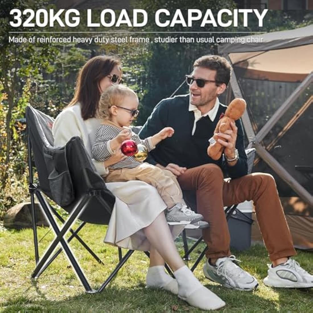 EVER ADVANCED Camping Chair Double for Adults 6cm Padded 320kg Folding 2 Seater Sofa with Side Pocket Dining Garden Outdoor Heavy Duty Luxury Fishing Chair Portable Oversized Comfy Lightgrey