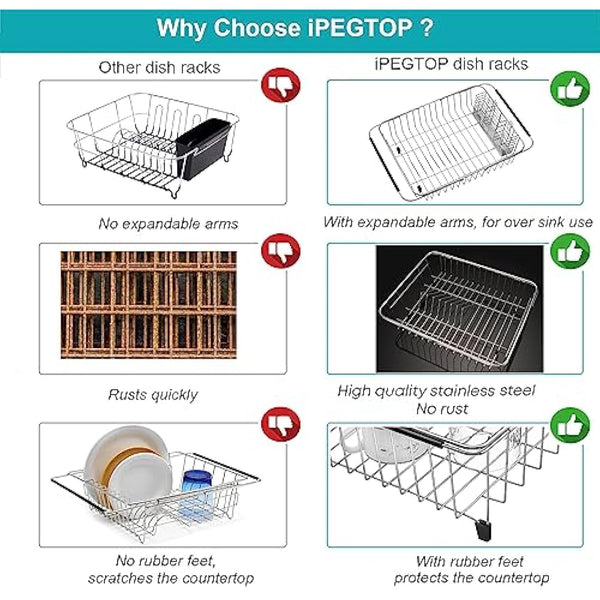 iPEGTOP Expandable Dish Drying Rack Organizer and Utensil Cutlery Holder, 304 Stainless Steel Over Sink Dish Rack, Dish Drainer in Sink or On Counter, Rustproof