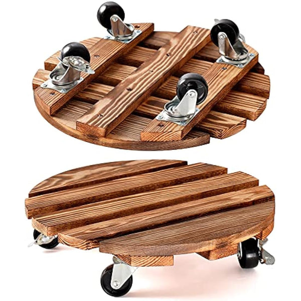 2 Pack Plant Caddy Wooden Plant Stand with Wheels 12 Inch-30 CM Round Plant Roller with Metal Lockable Caster Wheels Heavy Duty Rolling Plant Stand Plant Dolly