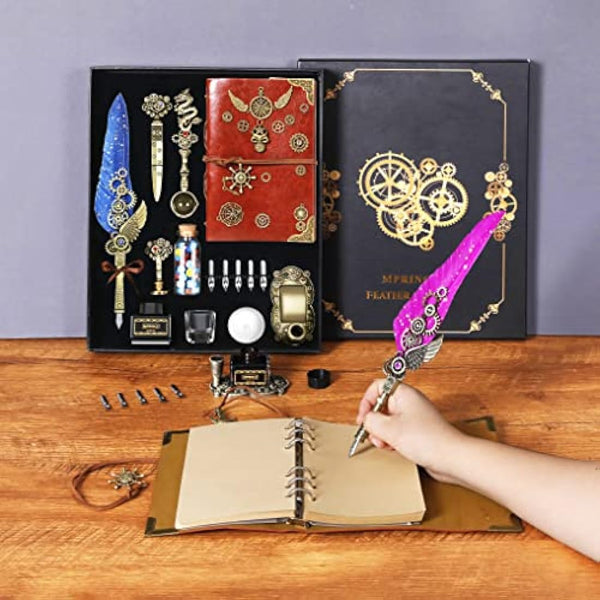 MPRINCE Quill Pen Ink Set Leather notebook With Quill Pen,Notebook,5 Replaceable Nibs,Seal Stamp,Spoon,Wax Beads,White Wax,Ink,Pen Holder,Cup,Envelope,Letter Paper(blue)