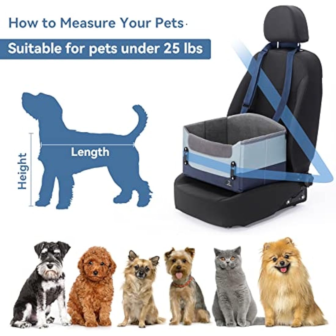 A4PET Small Dog Car Seat, Puppy Car Seat, Collapsible Puppy Car Seat with Soft Pillow Adjustable Height, Portable Car Seat for Dogs Up to 25 lbs, Blue