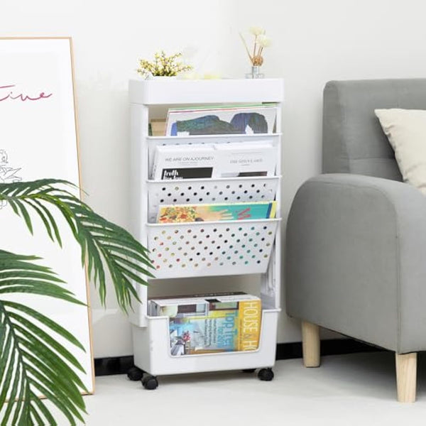 DOEWORKS Mobile Bookshelf with Wheels Bookshelf Trolley Small, Book Storage Trolley Cart 5-Tier Rolling Bookcase, Movable Bookshelf trolley Slim Bookcase for Living Room Bedroom Office Library, White