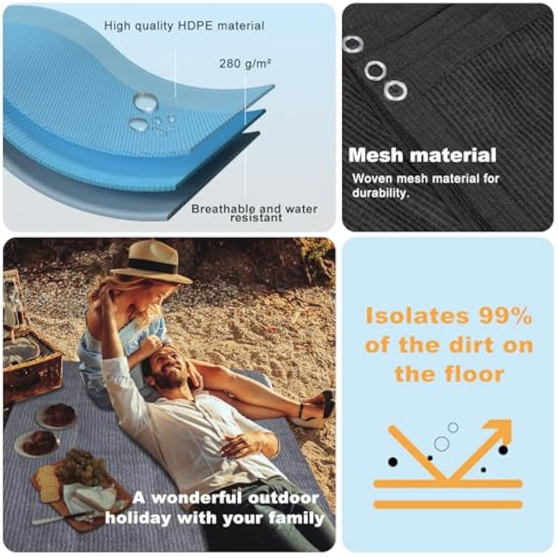 FoundGo Awning Carpet with Eyelets, 280g/m² HDPE Camping Carpet，Outdoor Awning Floor with Carrying Bag，Ground Nails and Small Broom