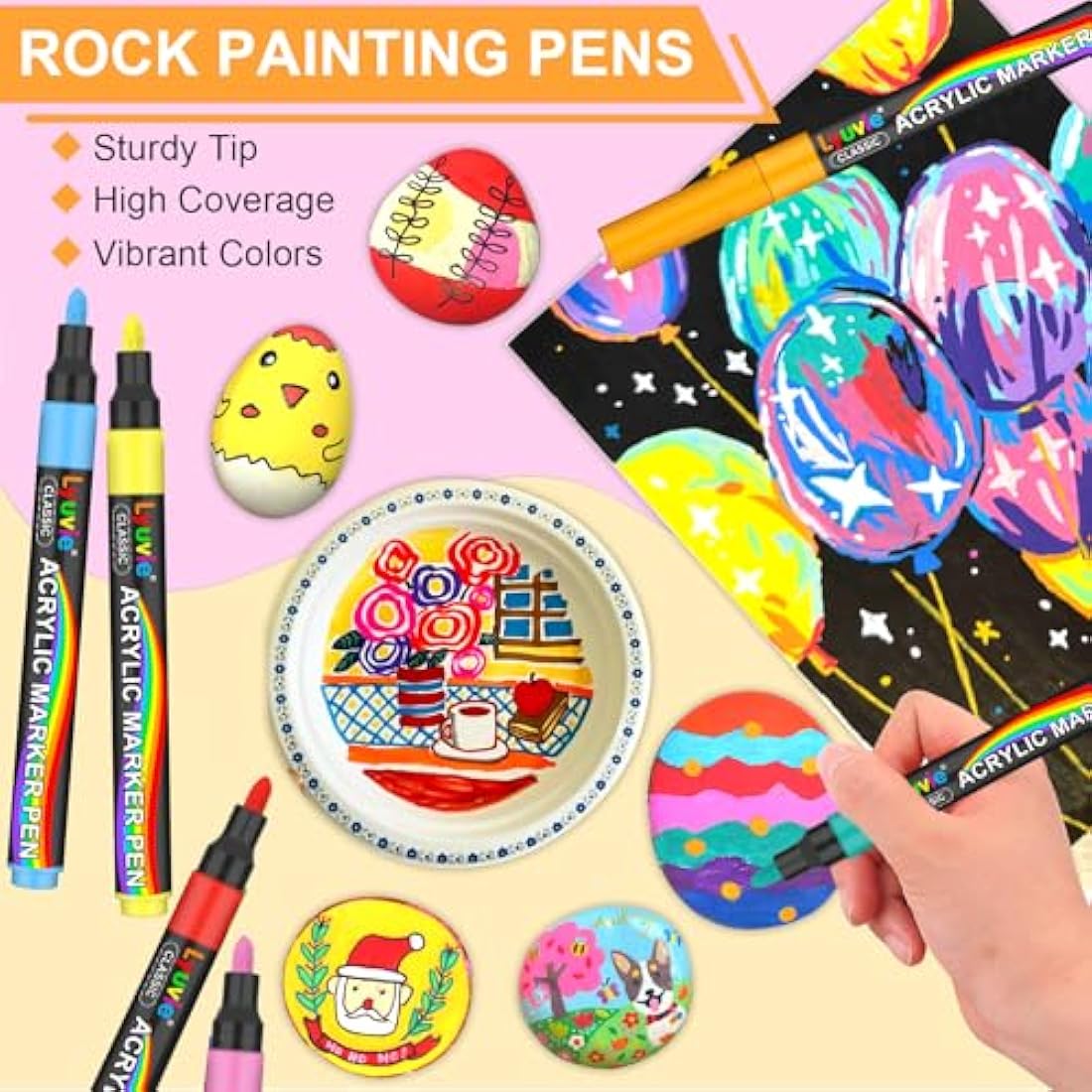 Lyuvie Acrylic Paint Pens Marker, 96 Colours Acrylic Markers for Rock Painting Fabric Glass Pebbles Stone Plastic Metal Wood Ceramic