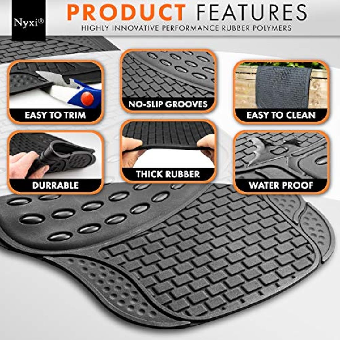 Nyxi 5 Piece Rubber Car Mat XL Boot Mat (Front + Rear + Boot Mat 137cm X 110cm) Universal Non-Slip Deep Dish Heavy Duty for Cars SUV Truck and VAN, Water Proof, All Weather