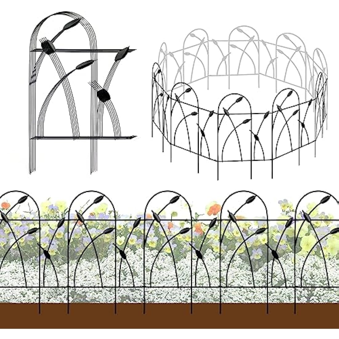 Thealyn Metal Decorative Garden Fence Panels, 82cm.H x 50cm.W (10 Panels, Total Length 4.9m) No Dig Fence Rustproof Wrought Iron Landscape Fencing for Flower Bed, Trees, Animal Barrier, Black