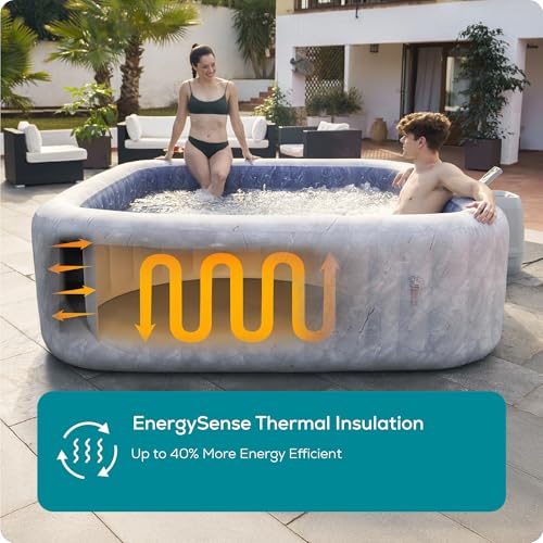 Lay-Z-Spa Santorini Pro Built in LED Light, 10 HydroJet System, Integrated Seats and Foot Massager Inflatable Hot Tub with Freeze Shield Technology, 5-7 Person, Grey