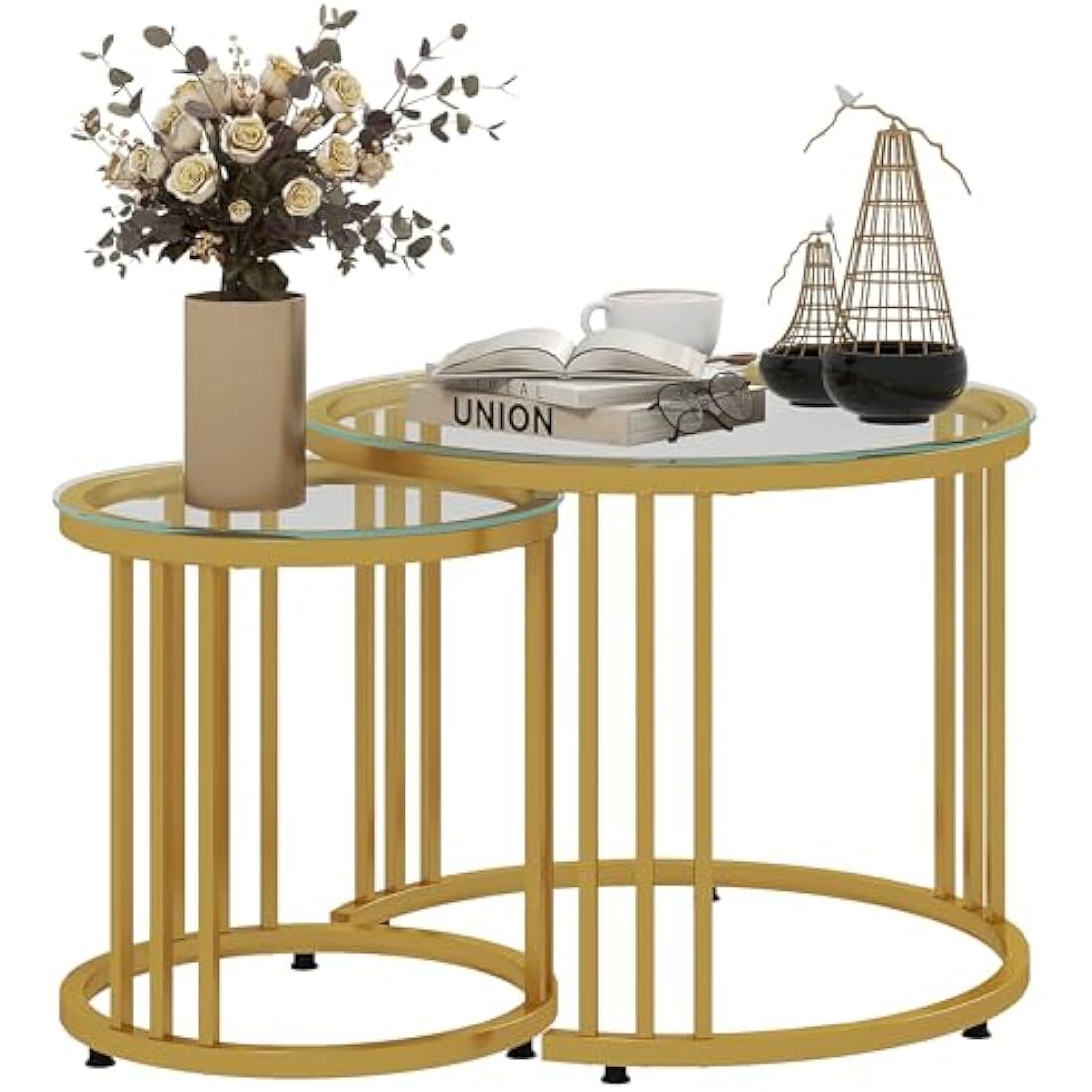HOMCOM Nest of Tables, Round Coffee Tables Set of 2 with Tempered Glass Top and Steel Frame for Living Room, Gold Tone