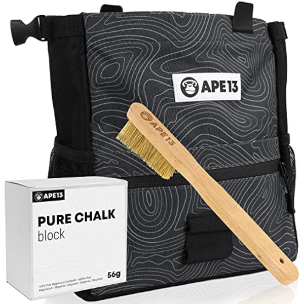 APE13® Chalkbag Boulder Set Consisting of Chalk Bag, Boulder Brush, Chalk (as Set & Single) - Perfect Bouldering Gift and Enough Space for Boulder Accessories
