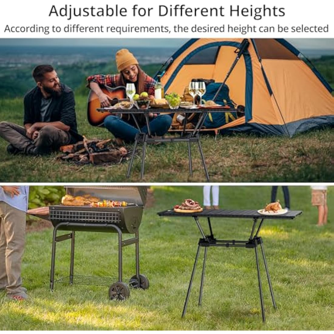 Anbte 3ft Folding Camping Table, 4 Adjustable Heights Tall Aluminum Roll Up Camping Table with Carrying Bag, Portable, for Picnic, Camping, BBQ, Party, Backyard, Beach, Patio, 88 cm X 40 cm, Black