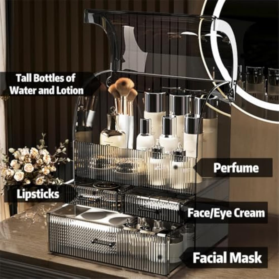 Suyoo Makeup Storage Organiser, XL Large Acrylic Cosmetics Organizer Skincare Display Case with Drawers and Waterproof Cover for Countertop, Bathroom, Dresser(Black-XL)