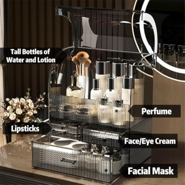 Suyoo Makeup Storage Organiser, XL Large Acrylic Cosmetics Organizer Skincare Display Case with Drawers and Waterproof Cover for Countertop, Bathroom, Dresser(Black-XL)
