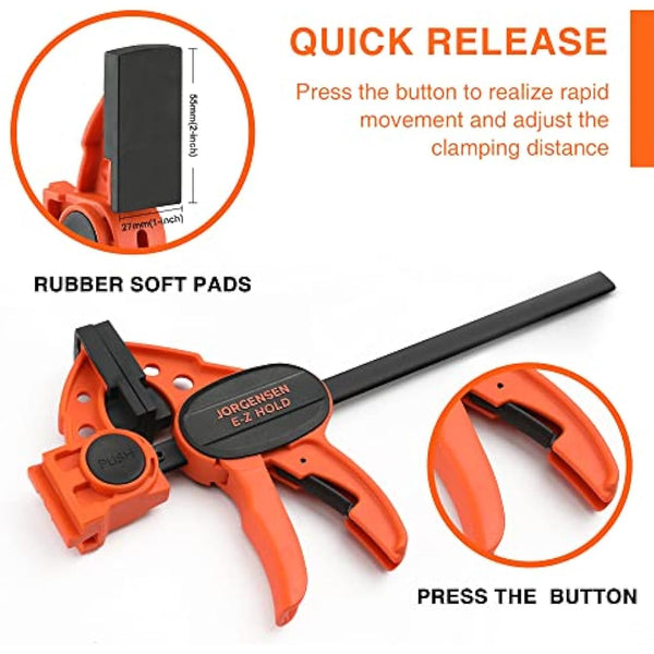 JORGENSEN 150 mm Woodworking Clamps 4-Pack, Splicable to 400 mm Ratchet Bar Clamps, Quick Release Clamp Set, 290 mm Spreader, One Handed Wood Clamp, Max 68 kg Load Limit