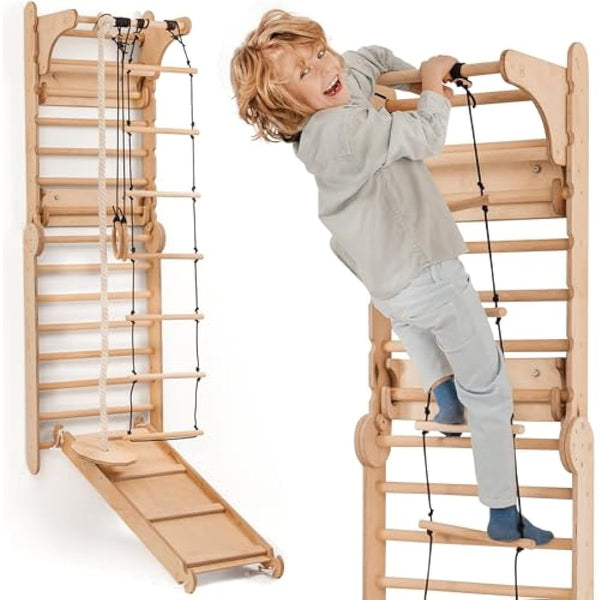 6-in-1 Wooden Swedish Wall & Slide Set – Versatile Indoor Climbing Frame for Kids, Includes Ladder, Slide Board, and Monkey Bars – For Ages 2-12