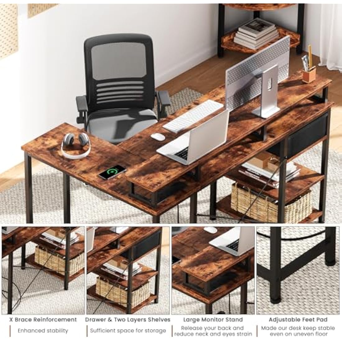 Dripex L Shaped Desk with Power Outlet Corner Computer Desk with Storage Shelves & Fabric Drawer, Study Writing Table Gaming Desk for Home Office L120xW80xH88cm