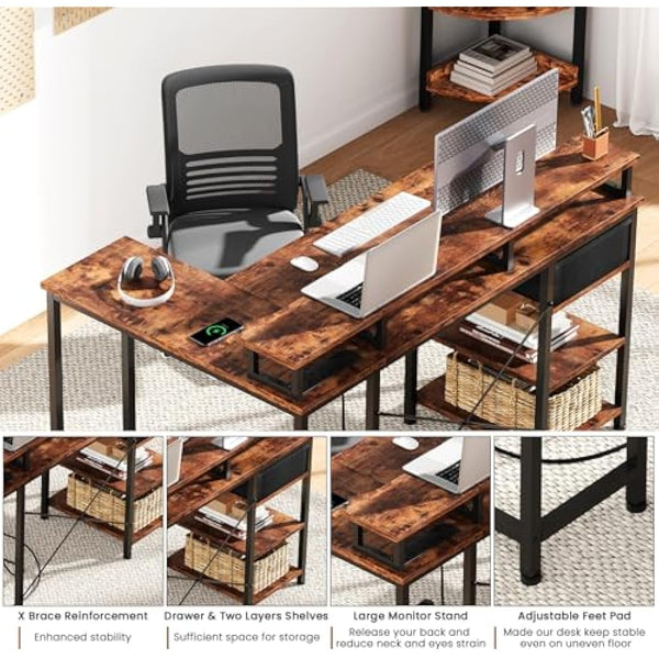 Dripex L Shaped Desk with Power Outlet Corner Computer Desk with Storage Shelves & Fabric Drawer, Study Writing Table Gaming Desk for Home Office L120xW80xH88cm