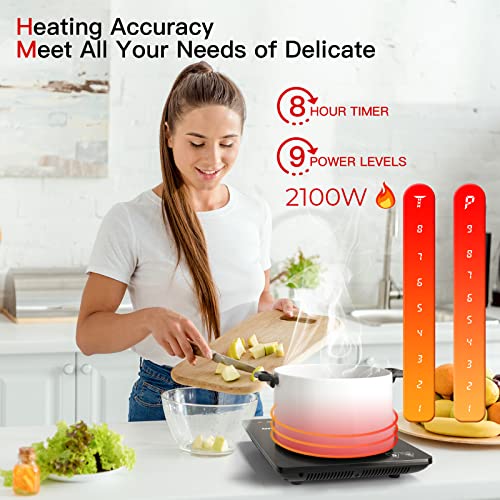 IsEasy Single Induction Cooker 2100W Portable Induction Hob with Slim Black Crystal Panel Body, Induction Plate with 9 Power Levels Setting, Max & Min