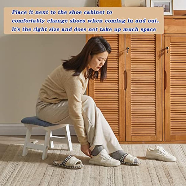 Aibiju Wooden Footstool, Foot Stool Ottoman Pouffe Padded Chair Stool with Removable Cover 4 Beech Legs Suitable for Bedroom, Living Room and Kitchen, (White leg + Blue cushion), YDEU-1357