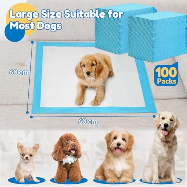 Barpor Puppy Training Pads 100 Pack - Large Dog Training Pads 60x60cm Super Absorbent Leak-Proof Anti-Slip Heavy Duty, 5-Layer Design with Quick Dry Surface