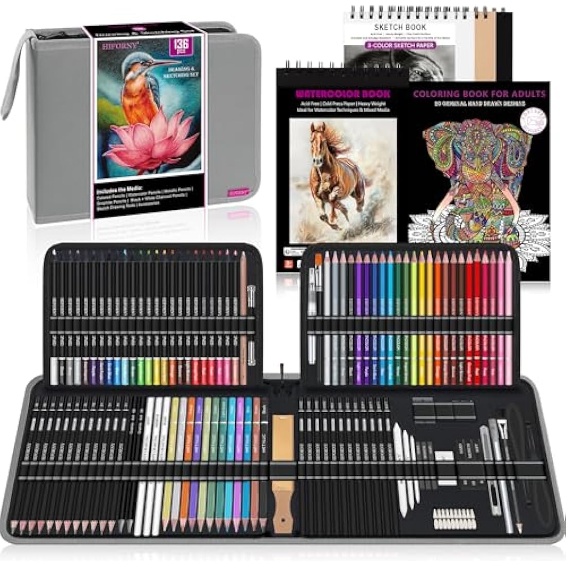 HIFORNY 136 PCS Drawing & Sketching Set,Pro Art Supplies with Graphite,Charcoal,Colored,Watercolor,Metallic Pencils,Blending Tools,Sketchbook,Watercolor Book and Coloring Book in Zipper Case (Grey)