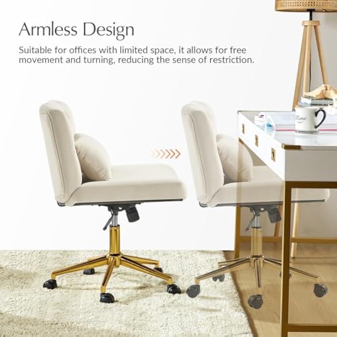 HULALA HOME Vanity Chair with wheels Criss Cross Legged Armless Adjustable Height Velvet Swivel Chair for Home Office Bedroom