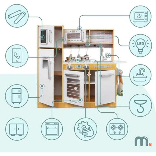 Mamabrum Baby Toys Play Kitchen with LED Lightning System, Wooden Kids Toys, Role Play Kitchen Accessories Included Pretend Play Toy Kitchen for Kids Little Chef Kitchen Playset, Natural Wood