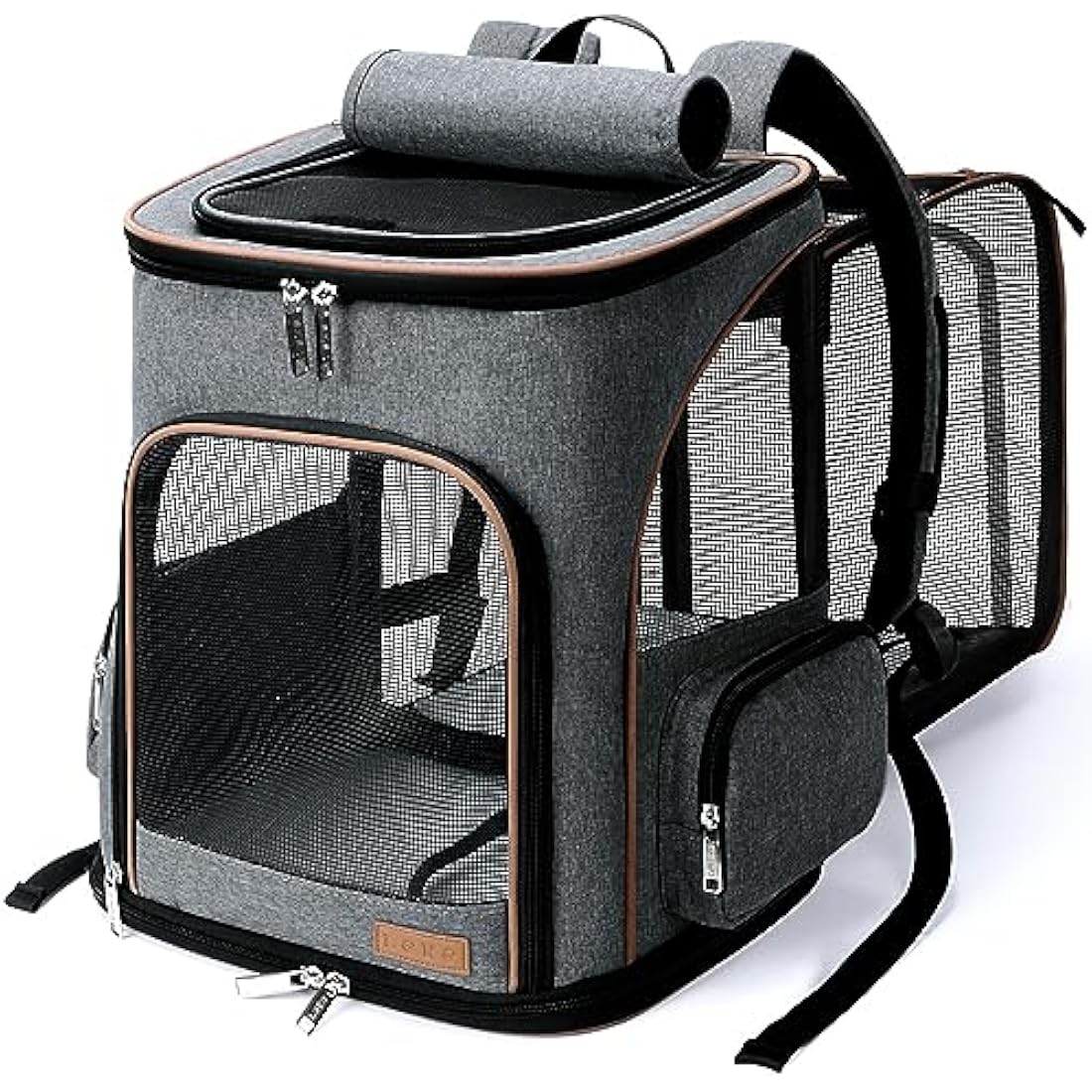 Lekesky Expandable Cat Carrier Backpack - Portable Breathable Rucksack for Medium and Small Cats & Dogs, Foldable with Inner Escape-proof Leash and Pet Mat, Supports 15 lbs (Grey)