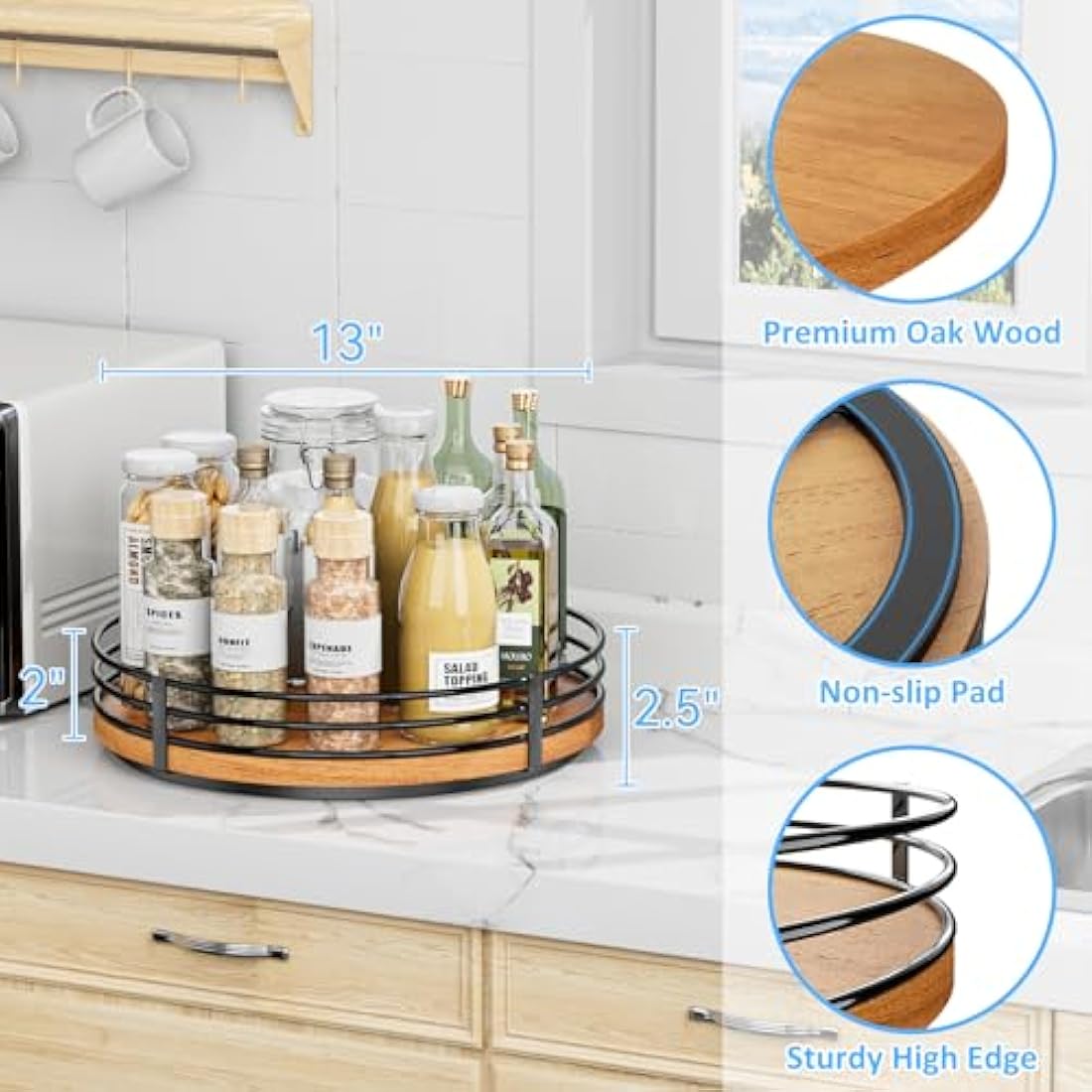 13" Lazy Susan Turntable Organizer - Wood Round Lazy Susan for Cabinet Kitchen Countertop Pantry Cupboard Dining Table Bathroom Coffee Bar Spice Storage Home Decor