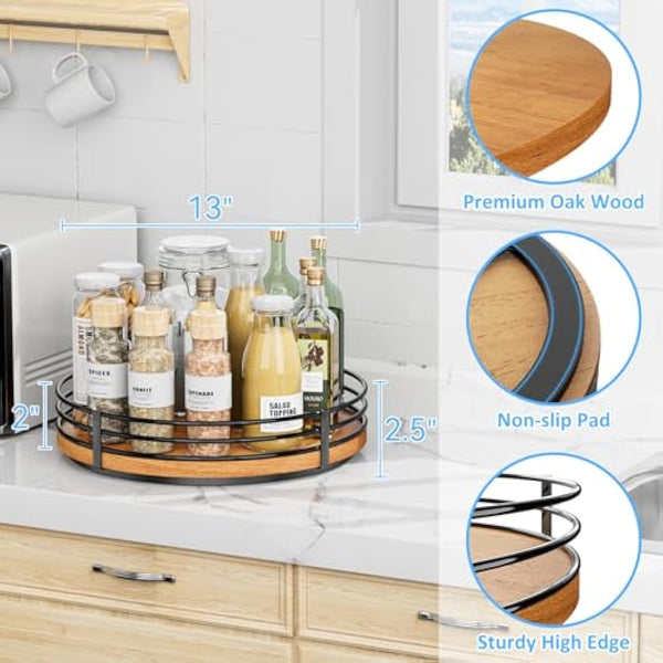 13" Lazy Susan Turntable Organizer - Wood Round Lazy Susan for Cabinet Kitchen Countertop Pantry Cupboard Dining Table Bathroom Coffee Bar Spice Storage Home Decor