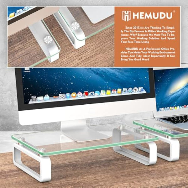 Hemudu 2 Pack Computer Monitor Stand Riser Multi Media Desktop Stand for Flat Screen LCD LED TV, Laptop/Notebook/Xbox One, with Tempered Glass and Metal Legs,HD02T-201P