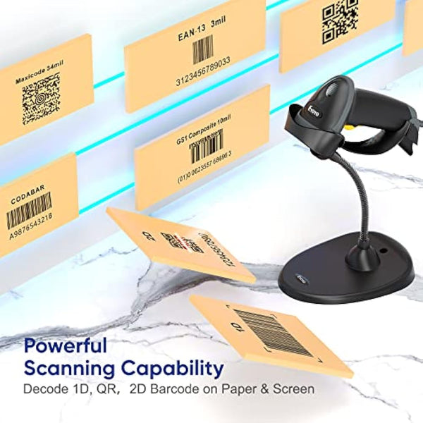 Eyoyo Handheld 2D Barcode Scanner with Gooseneck Stand, Automatic USB Wired QR Code Scanner Bar Code Reader Support Screen Scanning for PC POS System Library Store Supermarket Check-Out, Inventory…