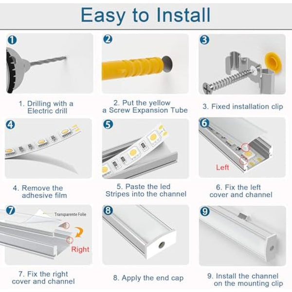 6 Pack Led Aluminum Profile, 1Meter/3.3ft U-Shape Led Aluminum Channel, Led Profile with Milky White Cover. LED Channels and LED Diffusers with End Caps, Mounting Clips and Corner Connectors