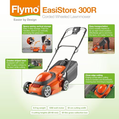 Flymo EasiStore 380R Electric Rotary Lawn Mower - 38 cm Cutting Width, 45 Litre Grass Box, Close Edge Cutting, Rear Roller, Central Height Adjust, Space Saving Storage Features