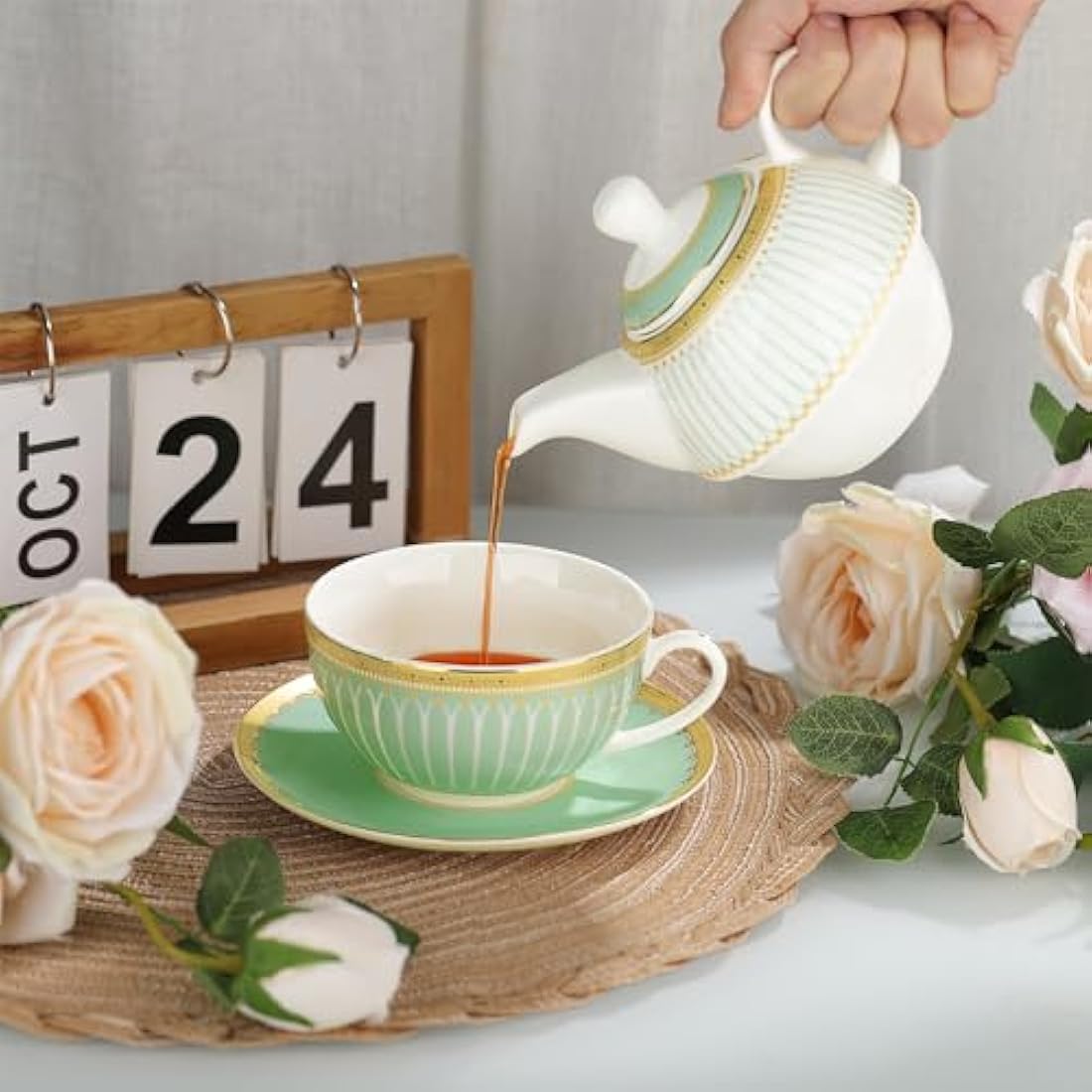 fanquare Teapot Cup and Saucer Set, British Afternoon Tea Set for One with Gold Trim, Porcelain Teapot for Adults Gift, Green Stripes