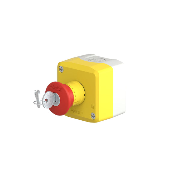 Schneider Electric Control station, plastic, yellow lid, 1 red mushroom push button Ø40, key release, 1 NO + 2 NC