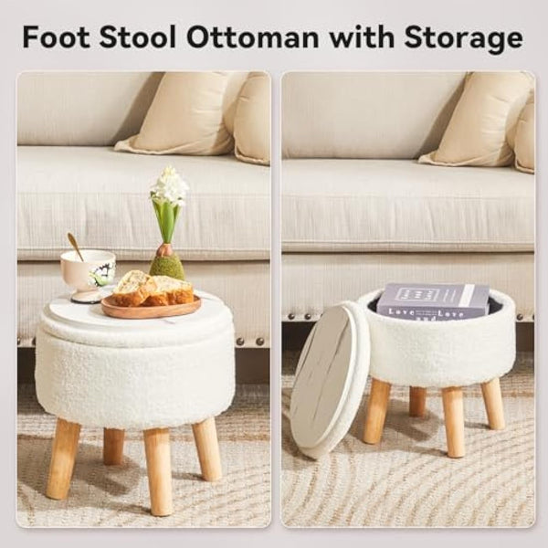 IBUYKE 13 Inch Small Footstool Ottoman with Storage, Round Pouffe Foot Rest with Padded Seat and Wood Legs, Teddy Velvet Mini Footstool for Living Room Couch Bedroom Entryway, Cream WBD006W