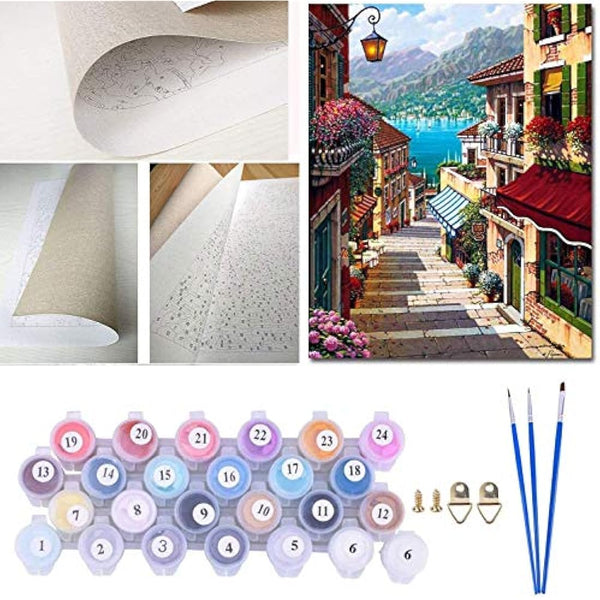 Painting by Number Kits for Kids or Beginner, DIY Canvas Oil Painting Kit for Adult with Paint Brushes Acrylic Pigment Drawing Paintwork 16x20inch Without Frame (Street Step)