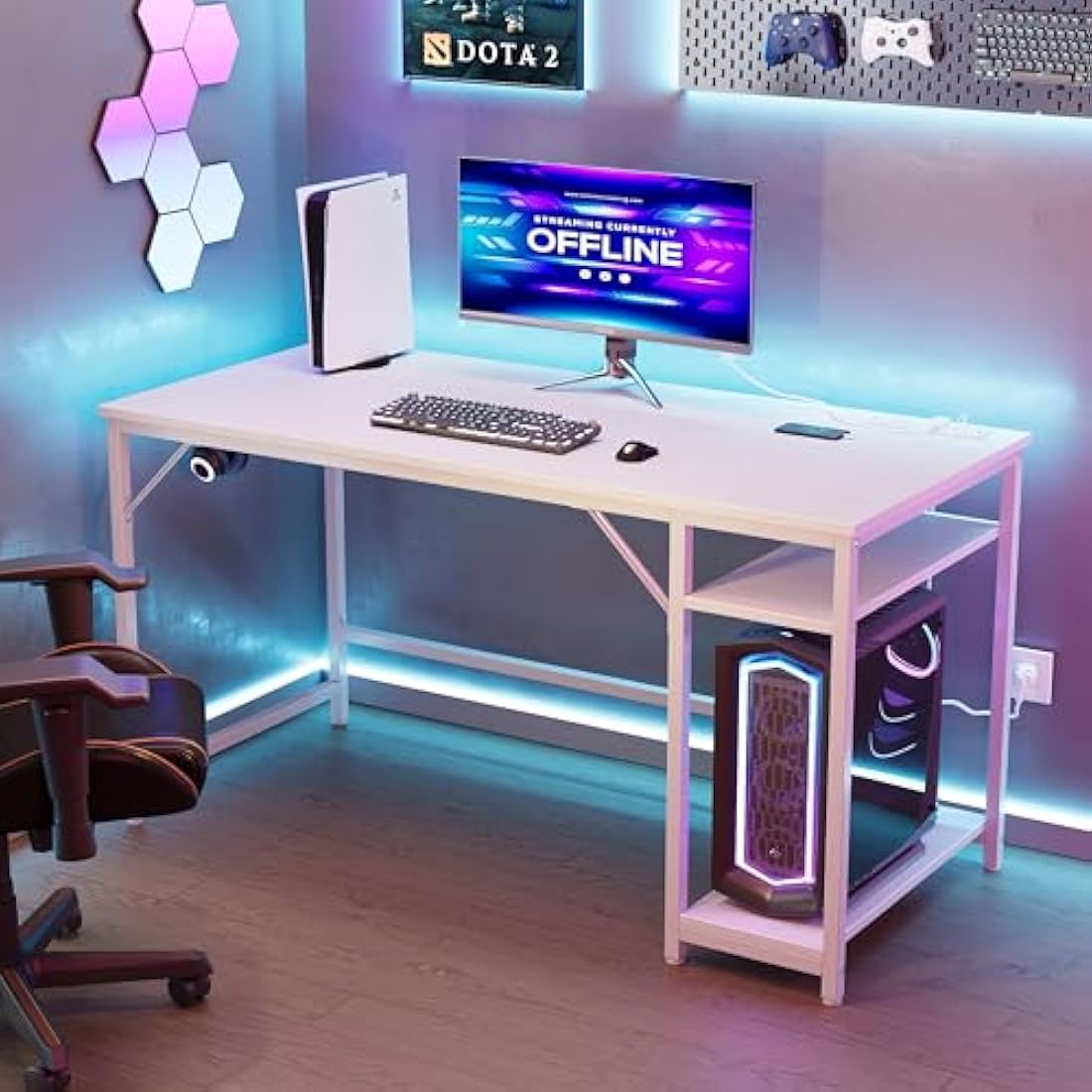 JOISCOPE Computer Desk, 120cm Office Desk With Power Outlets, USB & Type-C and 2 Shelves, Modern White With Hook, Study Table for Writing, Small for Bedroom Home Office