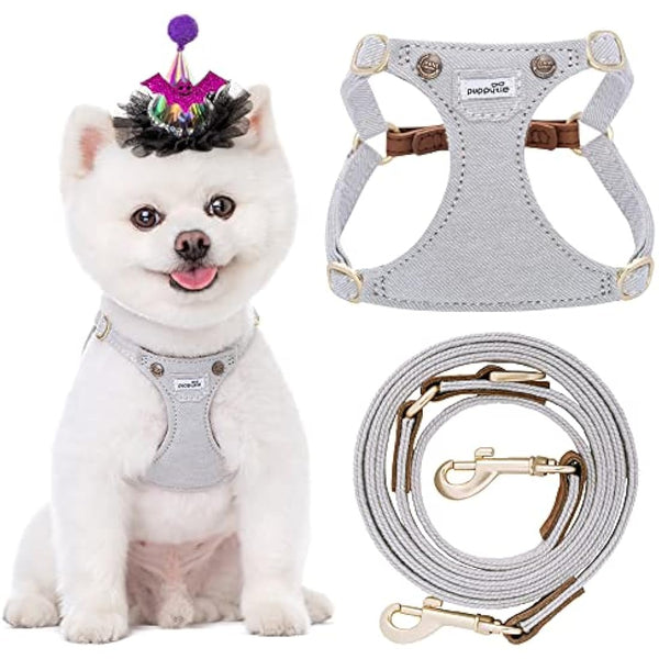 Puppytie Dog Harness with Multifunctional Dog Leash Soft Adjustable No Choke Escape Proof Denim Grey XS