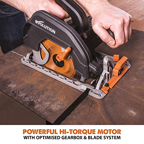 Evolution Power Tools R185CCSX Circular Saw With 1020 mm 3-Piece Track | Multi-Material Blade, Cuts Wood, Metal, Plastic & More | Incl Dust Port Adapter | 185mm (230v)