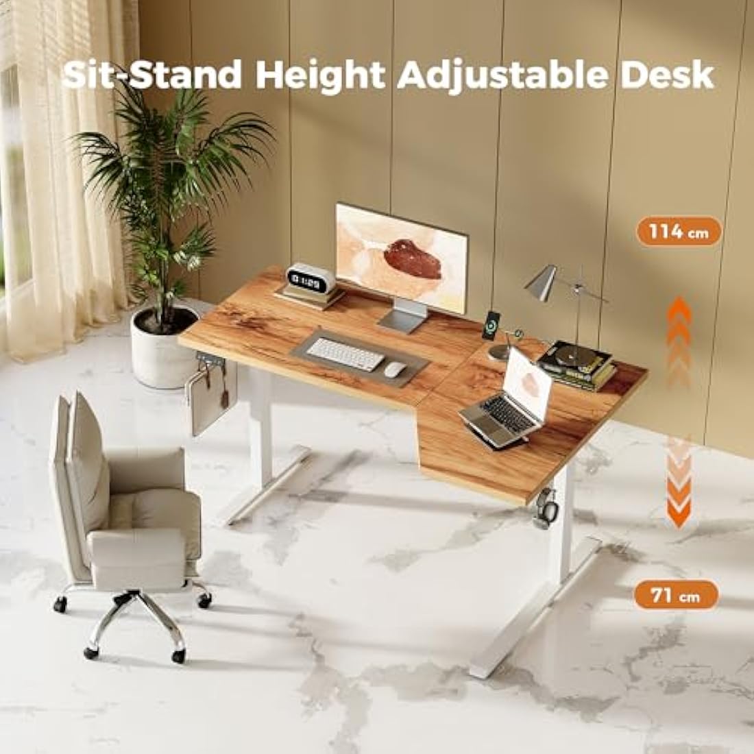 Agilestic L-Shaped Electric Standing Desk, 140cm Height Adjustable Sit-Stand Desk for Home Office, Ergonomic Computer Desk with Spliced Board, Light Brown