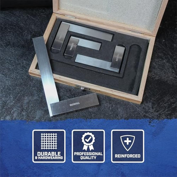 Faithfull Engineers Steel Try Square Set 4 Piece - 50,75,100,150mm (2in, 3in, 4in, 6in), Precision Ground, Hardened Steel Blade, Accurate Marking, Measuring & Layout Tools in Wooden Storage Case