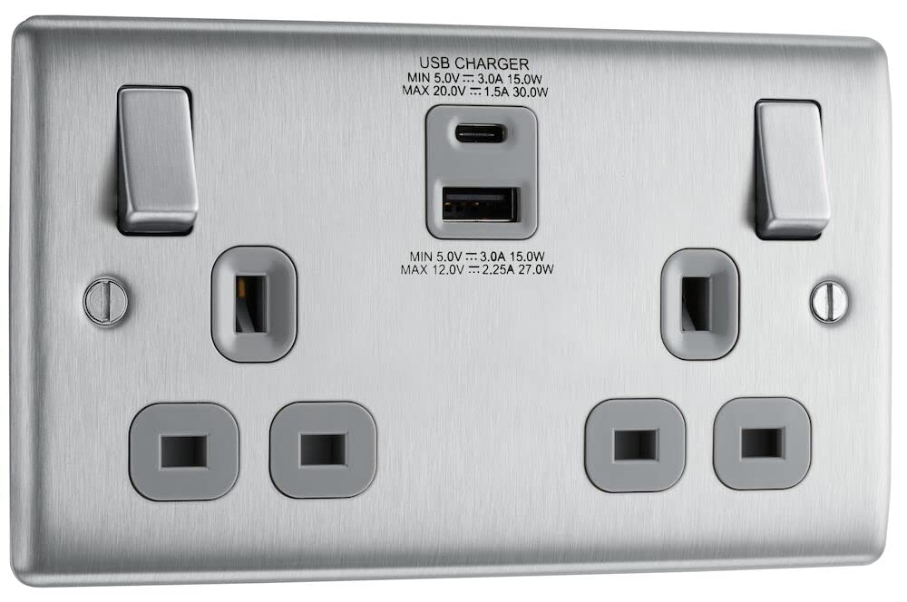 BG Electrical Cooker Switch with Socket and LED, Cooker Control Unit, Control Socket, Double Pole, Raised Profile, Round Edges, Nexus Metal, Brushed Steel, Grey Inserts, 45A, NBS70G