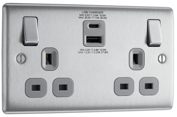 BG Electrical Cooker Switch with Socket and LED, Cooker Control Unit, Control Socket, Double Pole, Raised Profile, Round Edges, Nexus Metal, Brushed Steel, Grey Inserts, 45A, NBS70G