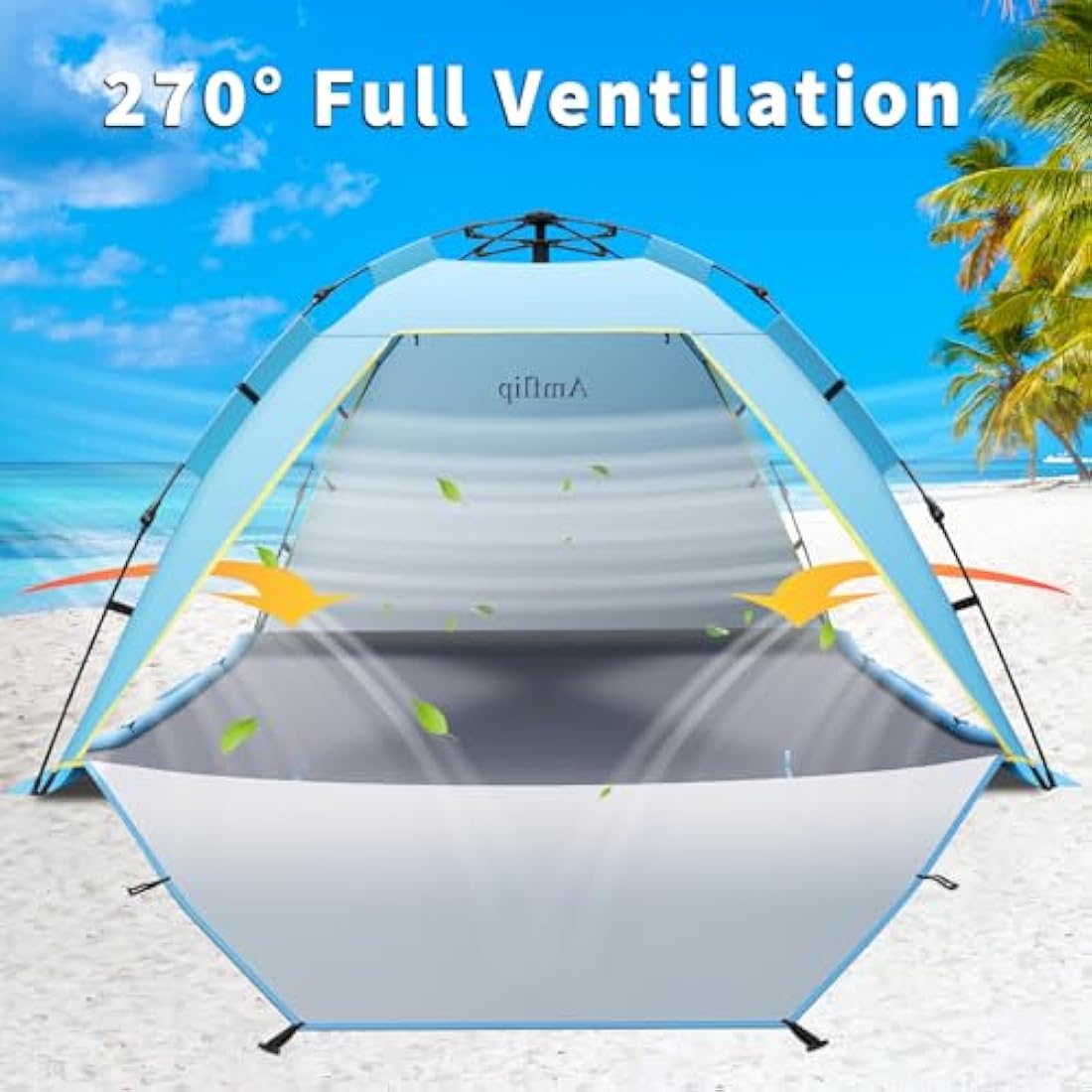 3-4 Person Instant Pop Up Automatic Beach Tent, Extra Large Portable Ventilated Sun Shelter with 3 expandable Door, Easy Setup Lightweight Sun Shade for Picnic,Beach,Garden