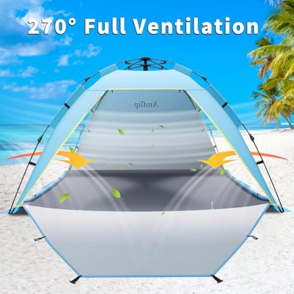 3-4 Person Instant Pop Up Automatic Beach Tent, Extra Large Portable Ventilated Sun Shelter with 3 expandable Door, Easy Setup Lightweight Sun Shade for Picnic,Beach,Garden
