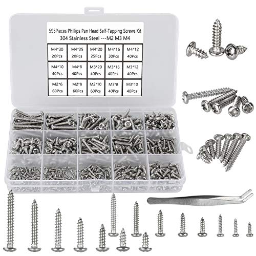 FandWay 595Pcs Self Tapping Screws 304 Stainless Steel,M2 M3 M4 Small Wood Screws Assortment,Pan Head Self Drilling Screw,Round Head Sheet Metal Screw Phillips Drive for DIY Wood Repairs.