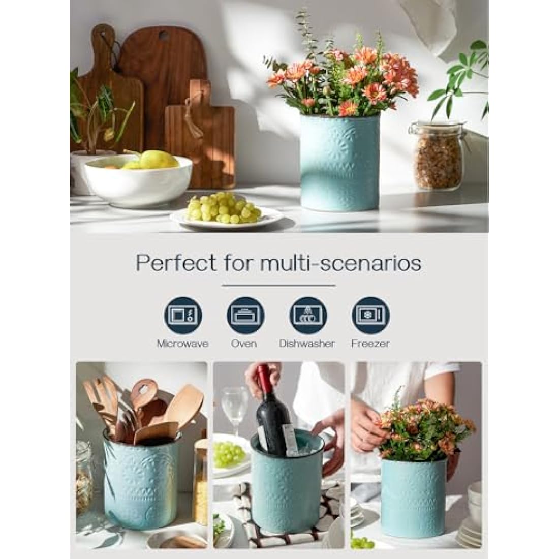 DOWAN Utensil Holder, 7.2 x 6.2 inches Large Kitchen Utensil Holder for Countertop, Ceramic Cutlery Holder, Romantic Relievo Crock, Utensil Caddy, Utensil Organizer, Ice Bucket, Vase, Home Décor-Blue