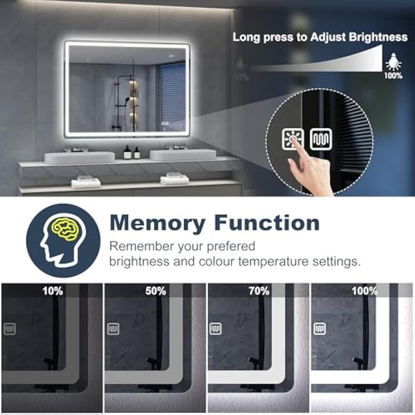 S'bagno Bathroom Mirror with LED Lights 1000x700mm, LED Bathroom Mirror with Memory, Anti-Fog, 3000K/4000K/6500K, Dimmable, HD Tempered Glass, IP44 Waterproof, Horizontal/Vertical